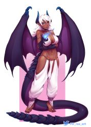 Rule 34 | 1girl, arm under breasts, artist name, bare shoulders, barefoot, blue eyes, blue lips, blue nails, border, breasts, choker, cleavage, clothing request, commentary, commission, d-rex, dark skin, demon girl, demon horns, demon tail, demon wings, fingernails, fire, full body, gradient background, hand up, harem pants, heel up, highres, horns, large breasts, long hair, long tail, looking at viewer, magic, nail polish, navel, original, outside border, pants, pink background, pointy ears, revealing clothes, sharp fingernails, smile, solo, tail, toenails, transparent background, transparent border, twitter username, white background, white hair, wings