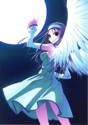 Rule 34 | 1girl, absurdres, angel, angel wings, blue hair, bracelet, brown eyes, clothes lift, cowboy shot, d-a black, d-a white, detached sleeves, dress, dress lift, full moon, green dress, hairband, highres, jewelry, light smile, long hair, looking at viewer, looking back, moon, moonlight, murakami suigun, night, official art, parted lips, sleeves past wrists, solo, wings, yuriel arlencloyn