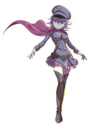 Rule 34 | 1girl, belt, blue hair, boots, breasts, buttons, cape, dress, frilled dress, frills, full body, grey dress, hat, high heel boots, high heels, jewelry, long sleeves, looking at viewer, magical girl, magicami, medium breasts, messy hair, military, military hat, military uniform, official art, purple eyes, red cape, short hair, skull, tamaki hanabi, transparent background, uniform