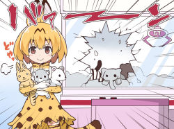 Rule 34 | &gt;:), 10s, 1girl, animal ears, blonde hair, blush, broken glass, brown eyes, commentary request, crane game, doyagao, emphasis lines, fume, glass, hair between eyes, high-waist skirt, holding, japari symbol, kemono friends, looking at viewer, o o, rioshi, serval (kemono friends), serval print, serval tail, shirt, short hair, skirt, sleeveless, sleeveless shirt, smile, smug, solo, striped tail, stuffed animal, stuffed toy, tail, v-shaped eyebrows, white shirt, you&#039;re doing it wrong