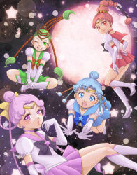 Rule 34 | amazoness quartet, bishoujo senshi sailor moon, black hair, blue hair, blue sailor collar, boots, braid, brooch, brown hair, cerecere (sailor moon), circlet, crescent, crescent earrings, earrings, elbow gloves, esuya, flower earrings, full moon, gloves, green hair, grin, hair bun, hair ribbon, hair rings, high heel boots, high heels, indian style, jewelry, junjun (sailor moon), knee boots, miniskirt, moon, multicolored hair, one eye closed, open hands, open mouth, pallapalla (sailor moon), pink hair, pleated skirt, ribbon, sailor ceres, sailor collar, sailor juno, sailor pallas, sailor senshi, sailor vesta, single hair bun, sitting, skirt, sky, smile, star (sky), star (symbol), star brooch, starry sky, two-tone hair, vesves (sailor moon), white footwear, white gloves