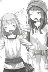 Rule 34 | 2girls, ayakura juu, closed eyes, collarbone, dress, fang, greyscale, highres, holo, long hair, long sleeves, monochrome, mother and daughter, multiple girls, myuri (spice and wolf), novel illustration, official art, one eye closed, open mouth, shirt, simple background, spice and wolf, standing, white background