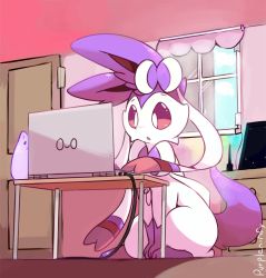 Rule 34 | :o, alternate color, alternate shiny pokemon, artist name, bow, cable, chest of drawers, cloud, colored sclera, commentary, computer, creatures (company), desk, door, drawing tablet, emoticon, game freak, gen 6 pokemon, indoors, laptop, nintendo, no humans, pen, pink sclera, pokemon, pokemon (creature), power cord, purpleninfy, ribbon, sky, sylveon, white eyes, window