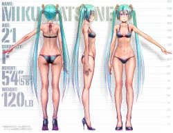 Rule 34 | 1girl, abs, anatomy, ass, back, bare shoulders, blush, bra, breasts, butt crack, character name, character profile, character sheet, collarbone, english text, female focus, from behind, full body, green hair, hatsune miku, height chart, high heels, hip focus, kneepits, legs, long hair, multiple views, navel, outstretched arm, outstretched hand, panties, profile, shoes, small breasts, text focus, toe cleavage, toned, turnaround, twintails, underwear, underwear only, very long hair, vocaloid, white background, wokada