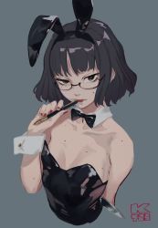 Rule 34 | 1girl, animal ears, artist name, bare shoulders, black-framed eyewear, blue background, bob cut, bow, bowtie, breasts, rabbit ears, cuffs, detached collar, fake animal ears, female focus, freckles, glasses, highres, k725, lips, lipstick, looking at viewer, makeup, mole, mole on breast, mole under eye, original, pen, playboy bunny, semi-rimless eyewear, short hair, simple background, solo, strapless, uneven eyes, upper body