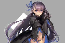 Rule 34 | 10s, 1girl, bad id, bad pixiv id, blue eyes, cloak, crotch plate, fate/extra, fate/extra ccc, fate (series), grey background, highres, honey bee (bancoth), long hair, looking at viewer, meltryllis (fate), navel, purple hair, simple background, sleeves past wrists, solo, very long hair