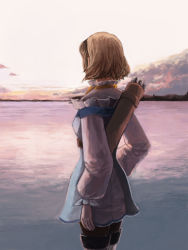 Rule 34 | 00s, 1girl, blonde hair, from behind, gloves, natalia luzu kimlasca lanvaldear, ocean, outdoors, pantyhose, quiver, short hair, solo, tales of (series), tales of the abyss