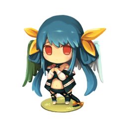 Rule 34 | 1girl, arc system works, asymmetrical wings, bare shoulders, blue hair, bow, chibi, choker, dizzy (guilty gear), guilty gear, hair bow, long hair, lowres, navel, red eyes, ri ? chi, ribbon, solo, ssalbulre, tail, tail ornament, tail ribbon, very long hair, wings