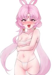 1girl absurdres bare_shoulders breasts cameltoe cchiii cowboy_shot fang forehead_jewel fu_xuan_(honkai:_star_rail) highres honkai:_star_rail honkai_(series) long_hair looking_at_viewer navel open_mouth panties parted_bangs pink_eyes pink_hair skin_fang small_breasts solo tongue twintails underwear very_long_hair white_panties