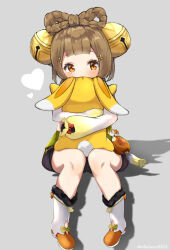 Rule 34 | 1girl, absurdres, bell, blunt bangs, bow-shaped hair, braid, brown eyes, brown hair, chinese clothes, commentary request, hugging doll, genshin impact, hair bell, hair between eyes, hair ornament, highres, long hair, long sleeves, looking at viewer, miru (hvrs4548), hugging object, simple background, sitting, solo, stuffed animal, stuffed rabbit, stuffed toy, yaoyao (genshin impact), yuegui (genshin impact)