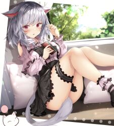 Rule 34 | 1girl, absurdres, animal ears, warrior of light (ff14), black skirt, breasts, cat ears, cat girl, cat tail, cellphone, clothing cutout, facial mark, final fantasy, final fantasy xiv, grey hair, highres, long sleeves, looking at viewer, medium breasts, medium hair, miniskirt, miqo&#039;te, multicolored nails, phone, pillow, pink shirt, red eyes, rumiko (rmeco), shirt, shoulder cutout, sitting, skirt, smartphone, tail, tail censor, thigh strap, whisker markings