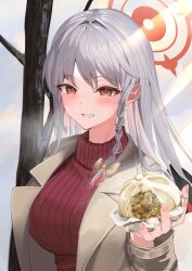 Rule 34 | 1girl, absurdres, blue archive, blush, braid, breasts, coat, food, grey hair, halo, haruna (blue archive), highres, holding, holding food, large breasts, long hair, long sleeves, looking at viewer, open clothes, open coat, open mouth, red eyes, red halo, red sweater, ribbed sweater, side braid, smile, solo, sweater, towrituka, twitter username, upper body, white coat