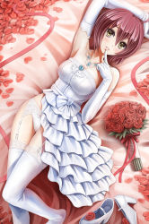 Rule 34 | 1girl, ahoge, arm up, bare shoulders, bouquet, bow, bow panties, breasts, dress, elbow gloves, flower, g-senjou no maou, garter belt, garter straps, gloves, highres, jewelry, lace, lace-trimmed legwear, lace trim, large breasts, lips, long legs, looking at viewer, miwa tsubaki, necklace, panties, petals, red hair, ribbon, rose, shoes, unworn shoes, short hair, solo, sunimu, thighhighs, underwear, wedding dress, white gloves, white panties, white thighhighs, yellow eyes