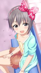 Rule 34 | 1girl, bench, black eyes, blurry, blush, bow, bracelet, commentary request, depth of field, grey hair, hair bow, hairband, highres, idolmaster, idolmaster cinderella girls, jewelry, looking at viewer, open mouth, otokura yuuki, short hair, sincos, sitting, smile, solo