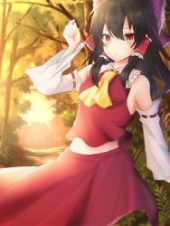 Rule 34 | 1girl, ascot, bare shoulders, black hair, bow, breasts, commentary request, cowboy shot, detached sleeves, forest, frilled bow, frilled shirt collar, frills, hair between eyes, hair bow, hair tubes, hakurei reimu, hand up, long hair, long sleeves, looking at viewer, midriff peek, nature, outdoors, red bow, red eyes, red skirt, ribbon-trimmed sleeves, ribbon trim, sidelocks, skirt, skirt set, small breasts, solo, standing, sunset, touhou, tree, wide sleeves, yellow ascot, yorusakurakurenaihana