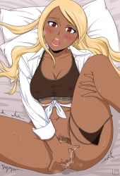 Rule 34 | 1girl, absurdres, bed sheet, blonde hair, blush, breasts, commission, commissioner upload, covered erect nipples, dark-skinned female, dark skin, dress shirt, eyeshadow, female focus, female masturbation, female pubic hair, gyaru, heavy breathing, highres, large breasts, leg hold, long sleeves, looking at viewer, lying, makeup, masturbation, medium breasts, moaning, on back, open mouth, original, panties around leg, pillow, pubic hair, pussy juice, pussy juice stain, red eyes, saliva, see-through, shirt, solo, sweat, tank top, tears, thick thighs, thighs, tied shirt, trembling, underboob