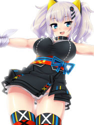 Rule 34 | 1girl, :d, amau (kosmos), bare arms, black dress, blue eyes, breasts, checkered sash, cowboy shot, d-pad, d-pad hair ornament, dress, gluteal fold, hair ornament, hairclip, kaguya luna, large breasts, looking at viewer, medium hair, multicolored clothes, multicolored legwear, obi, open mouth, outstretched arms, panties, pantyshot, red thighhighs, round teeth, sash, short dress, silver hair, simple background, skindentation, sleeveless, sleeveless dress, smile, solo, spread arms, standing, teeth, the moon studio, thigh gap, thighhighs, twintails, underwear, virtual youtuber, white background, white panties