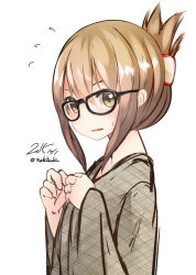 Rule 34 | 10s, 1girl, bad id, bad pixiv id, brown eyes, brown hair, folded ponytail, glasses, inazuma (kancolle), japanese clothes, kantai collection, nekobaka, open mouth, short hair, solo