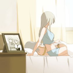Rule 34 | 2girls, bad id, bad pixiv id, bed, curtains, drawing (object), eila ilmatar juutilainen, kisetsu, long hair, lying, midriff, multiple girls, on bed, on side, panties, picture frame, sanya v. litvyak, silver hair, sketch, strike witches, underwear, window, world witches series, yuri