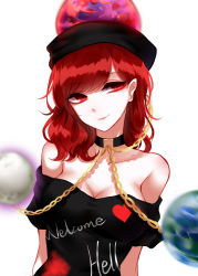 Rule 34 | 1girl, asymmetrical hair, bad id, bad pixiv id, bare shoulders, black shirt, breasts, chain, cleavage, closed mouth, clothes writing, collar, collarbone, earth (ornament), hecatia lapislazuli, highres, looking at viewer, medium breasts, moon (ornament), off-shoulder shirt, off shoulder, sheya, shirt, short sleeves, smile, solo, t-shirt, touhou, upper body, white background