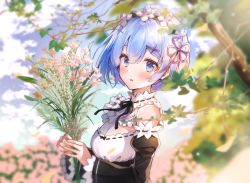 Rule 34 | 1girl, black ribbon, blue eyes, blue hair, blush, breasts, cleavage, commentary request, detached sleeves, dress, frills, hair ornament, hair over one eye, hair ribbon, holding, large breasts, looking at viewer, maid, maid headdress, melings (aot2846), open mouth, outdoors, pink ribbon, re:zero kara hajimeru isekai seikatsu, rem (re:zero), ribbon, short hair, solo, x hair ornament