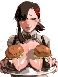 Rule 34 | 1girl, absurdres, alternate breast size, areola slip, black bow, black bowtie, bow, bowtie, breasts, breasts on tray, brown hair, burger, chainsaw man, crying, crying with eyes open, family burger (chainsaw man), food, food on body, food on breasts, hair ornament, hairclip, higashiyama kobeni, highres, holding, holding tray, large breasts, looking at viewer, maggoo, mole, mole under mouth, short hair, short ponytail, simple background, single sidelock, solo, tears, tray, white background