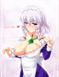 Rule 34 | 1girl, alternate breast size, apron, blush, bow, braid, breasts, butter-t, cleavage, collarbone, english text, female focus, heart, hip focus, izayoi sakuya, large breasts, looking at viewer, maid, maid apron, maid headdress, nipples, off shoulder, puffy nipples, purple eyes, purple hair, red eyes, ribbon, sash, seductive smile, shiny skin, short hair, silver hair, smile, solo, spoken heart, sweat, text focus, touhou, twin braids, undressing