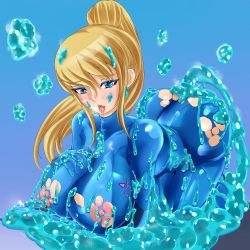 Rule 34 | 1girl, absurdres, ass, blonde hair, blue eyes, blush, breasts, clothed sex, gucchi (n3gt6apf), highres, huge breasts, metroid, monster, nipples, samus aran, sex, slime, solo, torn clothes, zero suit