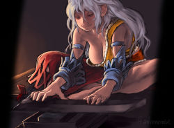 Rule 34 | 1girl, bare shoulders, barefoot, blue sleeves, breasts, cleaver, collarbone, detached sleeves, downblouse, dress, envenomist (gengoroumaru), evil grin, evil smile, grey hair, grin, hair between eyes, half-closed eyes, hanging breasts, holding, indian style, knees apart feet together, large breasts, leaning forward, long hair, looking at object, motion lines, multicolored clothes, multicolored dress, no bra, one-hour drawing challenge, red eyes, sakata nemuno, sharpening, sidelocks, single-shoulder dress, single strap, sitting, smile, solo, touhou, v-shaped eyebrows, very long hair, whetstone