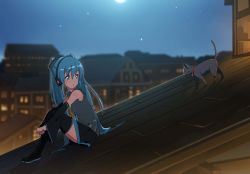 Rule 34 | 1girl, :o, absurdres, aqua eyes, aqua hair, bad id, bad twitter id, bare shoulders, black thighhighs, cat, detached sleeves, domo1220, hatsune miku, highres, hugging own legs, long hair, looking back, moon, necktie, night, rooftop, sitting, skirt, solo, thighhighs, town, twintails, very long hair, vocaloid