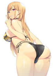 1girl ass back bent_over bikini black_bikini black_choker blonde_hair breasts cameltoe choker cleft_of_venus commentary covered_erect_nipples cowboy_shot ear_piercing earrings floral_print from_behind grabbing_own_ass grin highres jewelry kitagawa_marin large_breasts long_hair looking_at_viewer munashi_mujou piercing print_bikini purple_eyes side-tie_bikini_bottom sideboob simple_background smile solo sono_bisque_doll_wa_koi_wo_suru standing straight_hair string_bikini swimsuit thighs v white_background