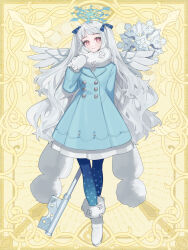 Rule 34 | 1girl, blue coat, blue pantyhose, blue ribbon, boots, chain paradox, character request, check character, coat, full body, fur-trimmed boots, fur trim, grey hair, grey wings, hair ribbon, halo, hand up, highres, key, long hair, long sleeves, mittens, oversized object, pantyhose, pink eyes, ribbon, shiroshiro shiro, simple background, smile, snowflakes, solo, standing, twintails, umai oimo, very long hair, white footwear, white mittens, wings, yellow background