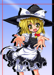 Rule 34 | 1girl, :d, apron, black dress, blonde hair, blush, bow, cowboy shot, dress, female focus, hat, hat bow, kiku hitomoji, kirisame marisa, looking at viewer, open mouth, outstretched arms, purple background, reaching, short sleeves, simple background, smile, solo, standing, touhou, waist apron, white bow, witch hat, yellow eyes