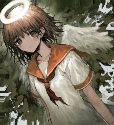 Rule 34 | 1girl, :|, angel, angel wings, arms at sides, blouse, breasts, brown eyes, brown hair, closed mouth, collarbone, commentary, cowboy shot, dutch angle, expressionless, feathered wings, haibane renmei, halo, highres, light, medium hair, messy hair, neckerchief, orange sailor collar, rakka (haibane), red neckerchief, sailor collar, shirt, small breasts, solo, standing, torichikushou, white shirt, white wings, wings