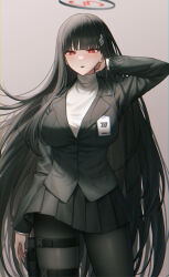 Rule 34 | 1girl, absurdres, arm behind head, black hair, black jacket, black pantyhose, black skirt, black suit, blue archive, blunt bangs, bright pupils, formal, hair ornament, hairclip, halo, highres, holstered, id card, jacket, long hair, open mouth, pantyhose, pleated skirt, red eyes, rio (blue archive), simple background, skirt, solo, suit, sweater, turtleneck, turtleneck sweater, white sweater, yareen