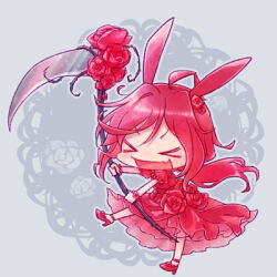 Rule 34 | &gt; &lt;, 1girl, ahoge, animal ears, commentary request, dated commentary, dress, fang, floral background, flower, full body, high heels, holding, holding scythe, long hair, lowres, open mouth, original, pink dress, pink flower, pink footwear, pink hair, pink rose, pink scrunchie, ponytail, puffy short sleeves, puffy sleeves, pumps, rabbit ears, rakuni, rose, rose background, scrunchie, scythe, short sleeves, skin fang, smile, solo, thorns, wrist scrunchie