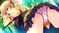 Rule 34 | 1girl, against tree, ass, bent over, blonde hair, blush, breasts, forest, from behind, game cg, green eyes, hair ribbon, highres, large breasts, long hair, looking back, nature, panties, parted lips, polka dot, polka dot panties, presenting, prism recollection!, ribbon, shintarou, skirt, solo, sweat, thighs, tree, trefoil, twintails, uisaki hinano, underwear, upskirt, white panties