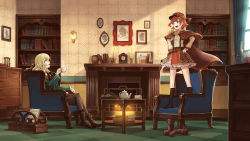 Rule 34 | 2girls, absurdres, aijou karen, armchair, black socks, blonde hair, book, bookshelf, boots, unworn boots, bow, brown hair, capelet, chair, commentary request, cosplay, cup, cupboard, fireplace, frilled skirt, frills, hat, hat bow, highres, indoors, kneehighs, kudakuda, long hair, long sleeves, medium hair, multiple girls, official alternate costume, on chair, open mouth, pantyhose, portrait (object), saijou claudine, sherlock holmes, sherlock holmes (cosplay), shoujo kageki revue starlight, shoujo kageki revue starlight -re live-, sitting, skirt, socks, standing, standing on chair, suspender skirt, suspenders, table, teacup, teapot, two side up, wind