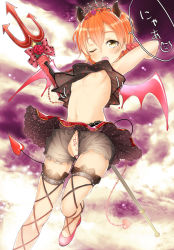 Rule 34 | 10s, 1girl, artist name, artist request, bikini, bikini top only, bow, breasts, corsage, dated, demon horns, demon tail, demon wings, earrings, elbow gloves, female focus, floral print, flower, flower earrings, frilled bikini, frilled bikini top, frills, gloves, guranyto, hair between eyes, high heels, holding trident, horns, hoshizora rin, jewelry, lace, lace-trimmed gloves, lace trim, looking at viewer, love live!, love live! school idol festival, love live! school idol project, midriff, navel, nipples, no bra, one eye closed, open mouth, orange hair, pink high heels, polearm, polka dot, polka dot bow, polka dot skirt, short hair, skirt, small breasts, smile, solo, sparkle, standing, standing on one leg, striped clothes, striped gloves, swimsuit, tail, thigh strap, tiara, trident, weapon, wings, yellow eyes