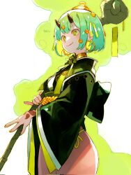 Rule 34 | 1girl, andrewcockroach, blunt bangs, bob cut, choker, closed mouth, earrings, fang, green hair, green kimono, hair ornament, highres, holding, holding staff, horns, japanese clothes, jewelry, kimono, long sleeves, nail polish, obi, sash, short hair, smile, smoke, solo, staff, thighs, yellow eyes