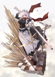 Rule 34 | 1girl, aiming, aiming at viewer, apron, bow, braid, breasts, checkered floor, covered mouth, greenkohgen, gun, hair bow, highres, izayoi sakuya, large breasts, loafers, long sleeves, looking at viewer, maid, maid headdress, perfect cherry blossom, pocket watch, revision, rifle, roman numeral, scarf, shoes, simple background, solo, touhou, waist apron, watch, weapon, white background, white hair
