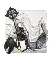 Rule 34 | 1girl, arknights, badge, bare shoulders, black thighhighs, blanket, closed mouth, collar, commentary, crocodilian tail, detached sleeves, flower, framed, from side, gloves, green hair, grey eyes, grey gloves, hair between eyes, highres, holding, holding staff, hood, hood up, large tail, long hair, long sleeves, looking away, multicolored hair, pipidan, silver hair, simple background, sitting, smile, solo, staff, streaked hair, tail, thighhighs, thighs, tomimi (arknights), torn clothes, torn thighhighs, white background, white flower