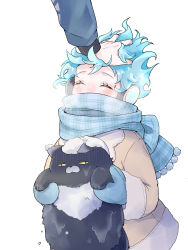 Rule 34 | &lt;|&gt; &lt;|&gt;, 1boy, ^ ^, animal, aqua hair, black cat, blue hair, blue scarf, blush, breath, cat, character request, child, closed eyes, fur trim, hand in own hair, hand on another&#039;s head, headpat, headphones, highres, holding, holding animal, ienonakanihachi, long sleeves, male focus, mittens, nose blush, out of frame, scarf, snow, snow on head, solo focus, spiked hair, twisted wonderland, winter clothes