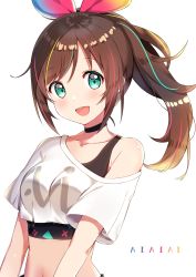 Rule 34 | 1girl, :d, absurdres, aqua eyes, bare shoulders, black choker, black shirt, blush, breasts, brown hair, choker, collarbone, commentary request, crop top, hair ornament, highres, kizuna ai, kizuna ai inc., long hair, looking at viewer, medium breasts, midriff, multicolored hair, navel, neginoki, off-shoulder shirt, off shoulder, official alternate costume, open mouth, ponytail, shirt, short sleeves, sidelocks, simple background, smile, solo, song name, stomach, streaked hair, tank top, undershirt, upper body, virtual youtuber, white background, white shirt