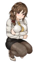 Rule 34 | 1girl, arms under breasts, black pantyhose, black skirt, blush, braid, breasts, brown hair, gatsby ssl, hair ornament, hair scrunchie, high heels, highres, idolmaster, idolmaster cinderella girls, large breasts, looking at viewer, necktie, office lady, pantyhose, pencil skirt, scrunchie, senkawa chihiro, shirt, simple background, skindentation, skirt, solo, squatting, tears, white background, white shirt, yellow necktie