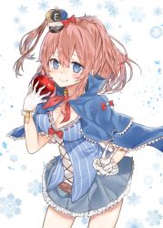 Rule 34 | 10s, 1girl, :q, alternate costume, apple, blue hair, bow, breasts, brown hair, capelet, cleavage, crown, dress, food, fruit, gloves, hair bow, highres, hoshimiya nazuna, kantai collection, mini crown, saratoga (kancolle), snowflakes, solo, tongue, tongue out, v, white gloves