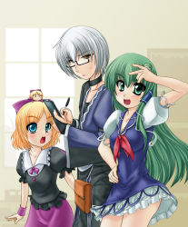 Rule 34 | 1boy, 2girls, alternate color, armband, blonde hair, blouse, blue eyes, bow, breasts, bridal gauntlets, cosplay, cross, doll on head, dress, frog hair ornament, glasses, green eyes, green hair, grey background, hair bow, hair ornament, hair tubes, hand on own head, hand on own hip, japanese clothes, kamishirasawa keine, kamishirasawa keine (cosplay), kirihane, kochiya sanae, long hair, long sleeves, looking at another, looking at viewer, medicine melancholy, morichika rinnosuke, multiple girls, open mouth, pen, puffy short sleeves, puffy sleeves, semi-rimless eyewear, shirt, short hair, short sleeves, silver hair, simple background, skirt, snake, su-san, sweatdrop, touhou, under-rim eyewear, v, when you see it, wide sleeves, window, wrist cuffs, yellow eyes