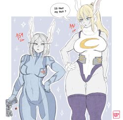 Rule 34 | 2girls, absurdres, animal ears, bare shoulders, blonde hair, blue background, blue bodysuit, blue eyes, blush, bodysuit, boku no hero academia, border, breasts, cosplay, costume switch, covered navel, crescent print, english text, ettso, fur collar, gloves, gun, hair between eyes, hand on own hip, handgun, height, height difference, highleg, highleg leotard, highres, holding, holding gun, holding weapon, large breasts, leotard, long eyelashes, long hair, looking at another, metroid, mirko, mirko (cosplay), mole, mole under mouth, multiple girls, nintendo, parted bangs, parted lips, partially colored, ponytail, purple thighhighs, rabbit ears, rabbit girl, red eyes, samus aran, samus aran (cosplay), signature, skindentation, sleeveless turtleneck leotard, speech bubble, tall female, taut leotard, thick thighs, thigh gap, thighhighs, thighs, toned, weapon, white border, white hair, white leotard, zero suit