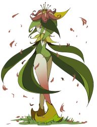Rule 34 | bright pupils, brown eyes, brown flower, commentary request, creatures (company), falling petals, flower, from behind, full body, game freak, grass, highres, hisuian lilligant, looking back, nintendo, oimo kenpi, petals, pokemon, pokemon (creature), solo, standing, white background, white pupils