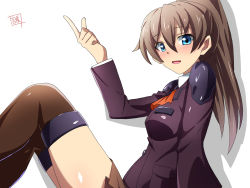 Rule 34 | 1girl, artist logo, ascot, blazer, blue eyes, brown hair, brown jacket, brown skirt, brown thighhighs, commentary request, highres, index finger raised, jacket, kantai collection, kumano (kancolle), long hair, looking at viewer, orange ascot, ponytail, sebunsu, simple background, sitting, skirt, smile, solo, thighhighs, white background